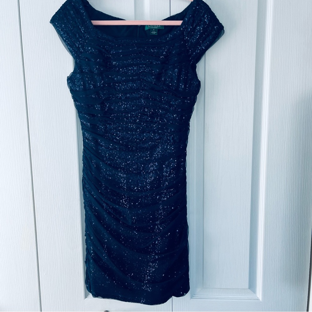 Lauren Ralph Lauren Evening Formal Dress Cap Sleeve Gathered Sequin Navy